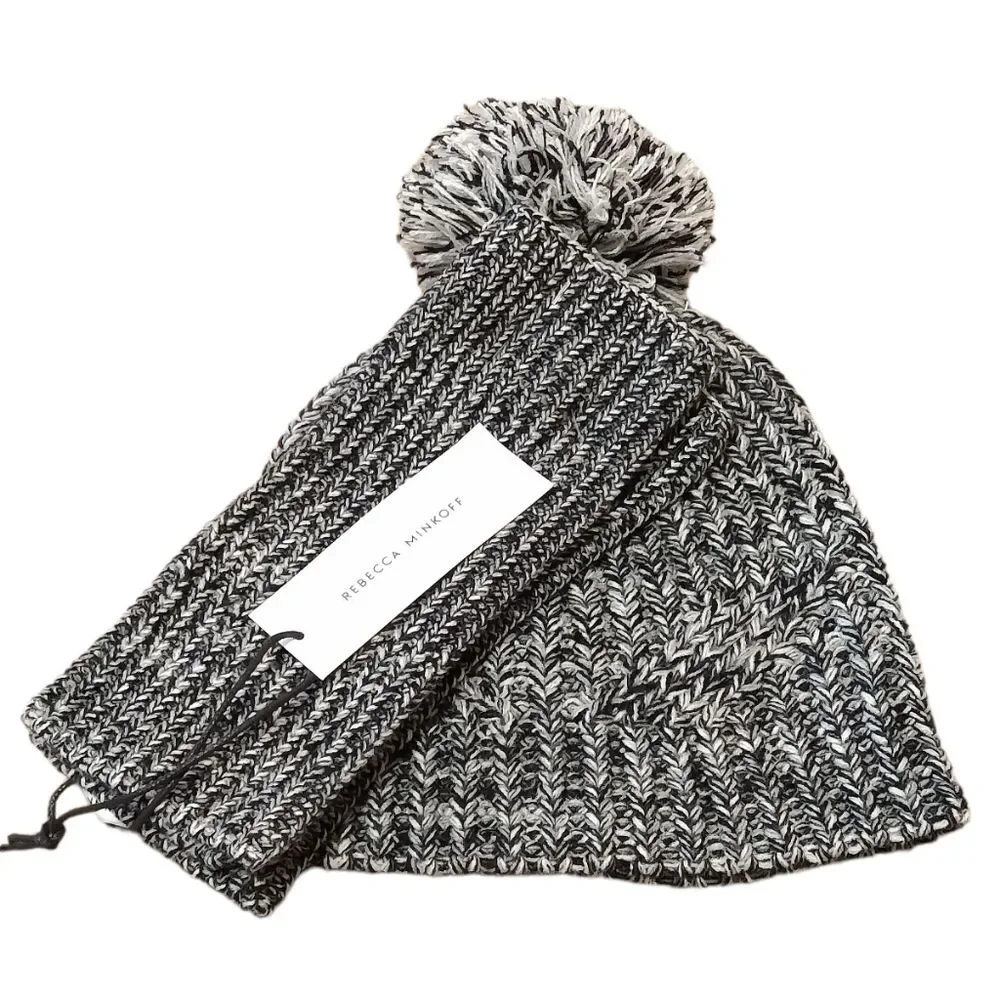 NWT Rebecca Minkoff Knit Hat and Hand Warmers, Black and White with Pom Pom